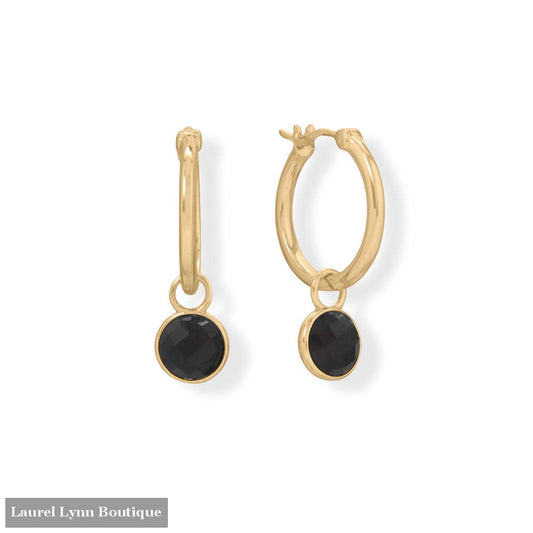 14 Karat Gold Plated Hoop Earrings with Faceted Black Onyx Charm - 66795 - Liliana Skye