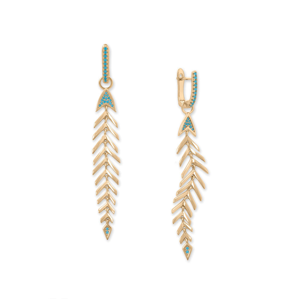 14 Karat Gold Plated Synthetic Turquoise Fishbone Hoop Earrings