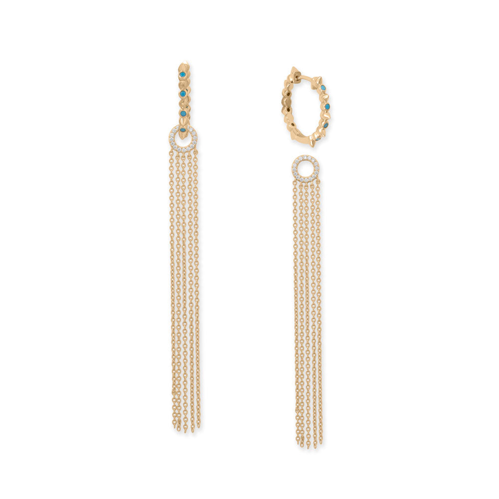 14 Karat Gold Plated Synthetic Turquoise Spike Hoop and Fringe Earrings