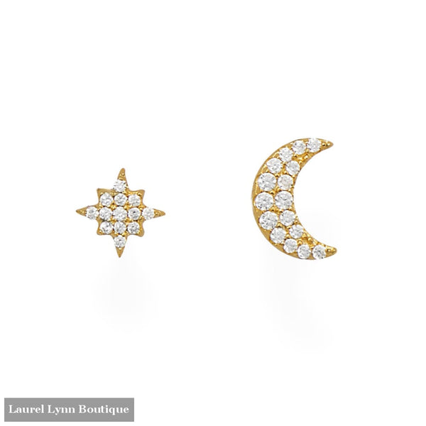 14 Karat Gold Plated CZ Moon and Star Stud Earrings - 66447 - Liliana Skye