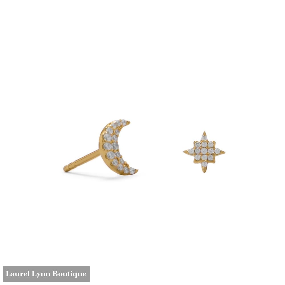 14 Karat Gold Plated CZ Moon and Star Stud Earrings - 66447 - Liliana Skye