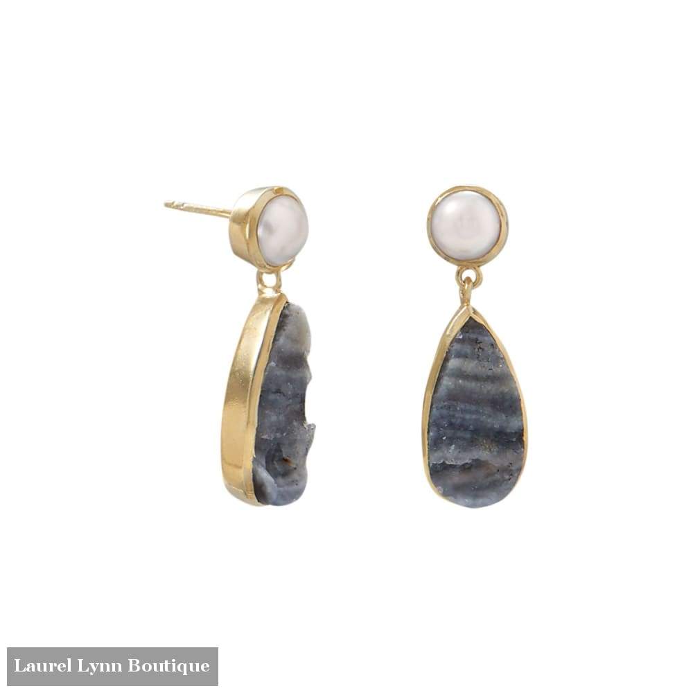 14 Karat Gold Plated Desert Druzy And Cultured Freshwater Pearl Earrings - Laurel Lynn Collection - Blairs Jewelry & Gifts