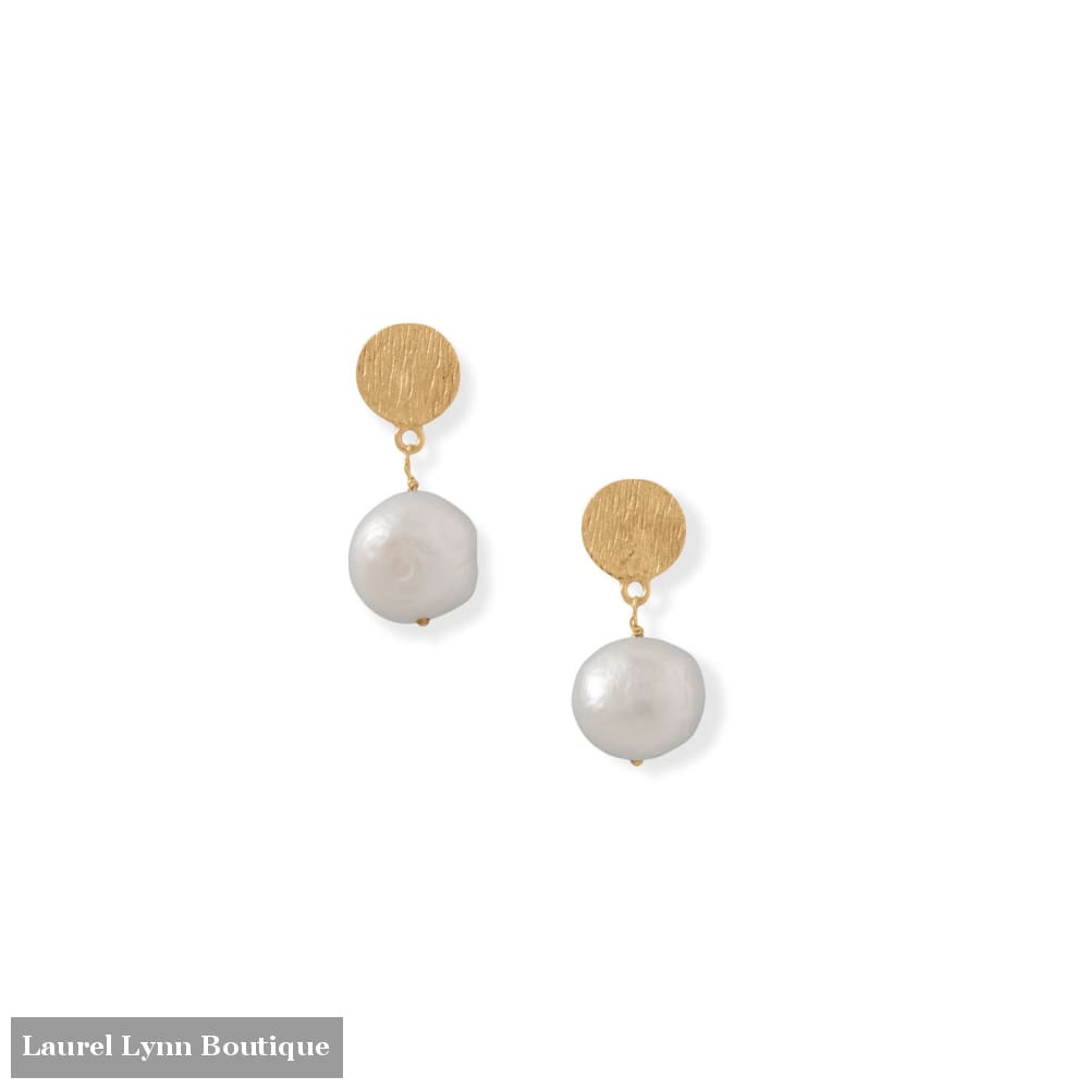 14 Karat Gold Plated Disk and Cultured Freshwater Pearl Drop Earrings - 66590 - Liliana Skye