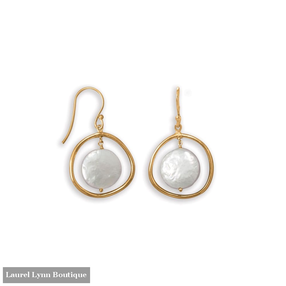 14 Karat Gold Plated Oblong Circle with Coin Pearl Earrings - 66591 - Liliana Skye