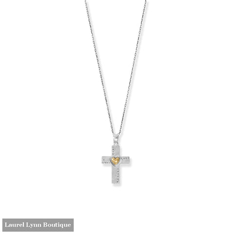 16 + 2 Two Tone Textured Cross with Heart Necklace - 34450 - Liliana Skye