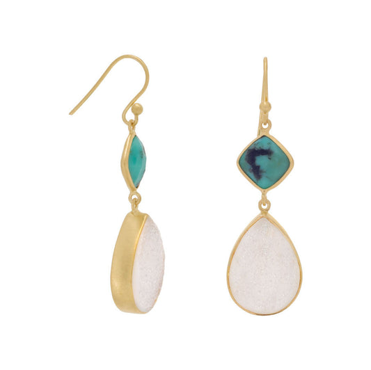 14 Karat Gold Plated Stabilized Turquoise and Druzy Earrings