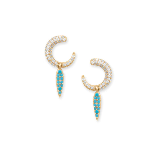 14 Karat Gold Plated Synthetic Turquoise and CZ Crescent Drop Earrings