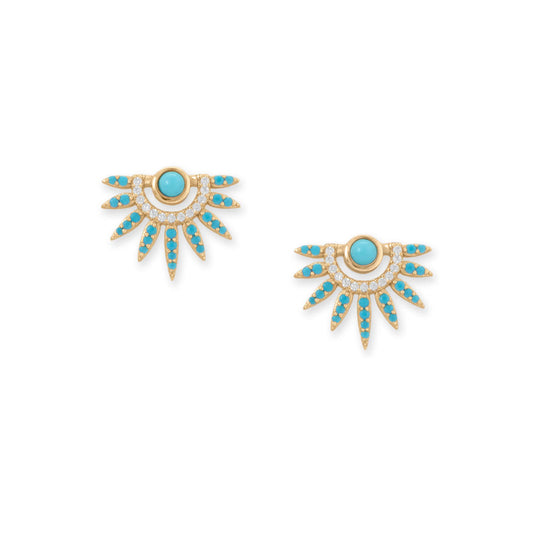 14 Karat Gold Plated Synthetic Turquoise and CZ Spike Post Earrings
