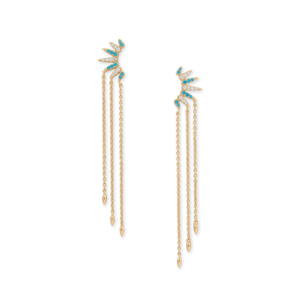 14 Karat Gold Plated Synthetic Turquoise and CZ Spike Chain Drop Earrings