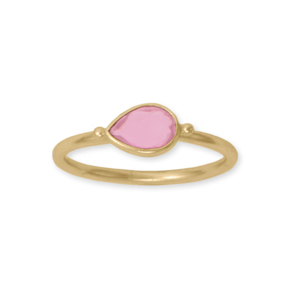 14 Karat Gold Plated Pink Glass Pear Ring