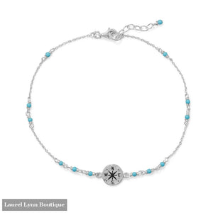 9.25+.75 Blue Beaded Anklet with Compass Charm - 92140 - Liliana Skye