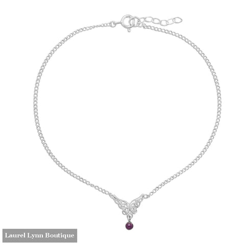9.5+.5 Butterfly Anklet with Purple Crystal Charm - 92142 - Liliana Skye