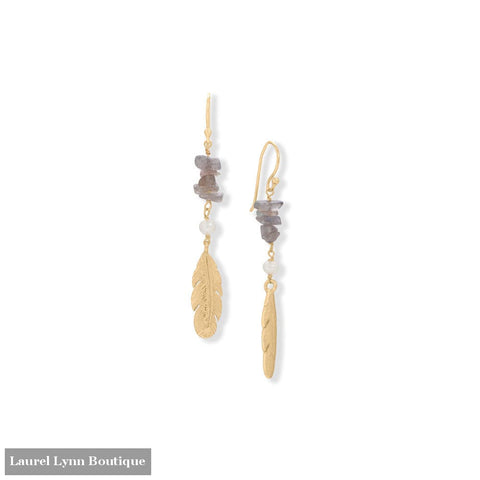 Cultured Freshwater Pearl and Labradorite Feather Earrings - 66791 - Liliana Skye
