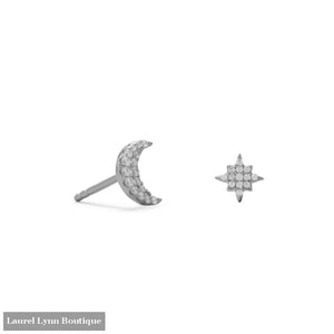 Rhodium Plated CZ Moon and Star Stud Earrings - 66448 - Liliana Skye