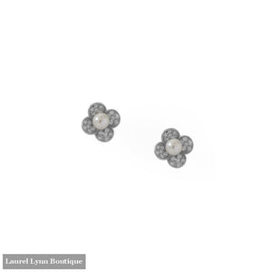 Rhodium Plated Simulated Pearl and Pave CZ Flower Earrings - 66523 - Liliana Skye